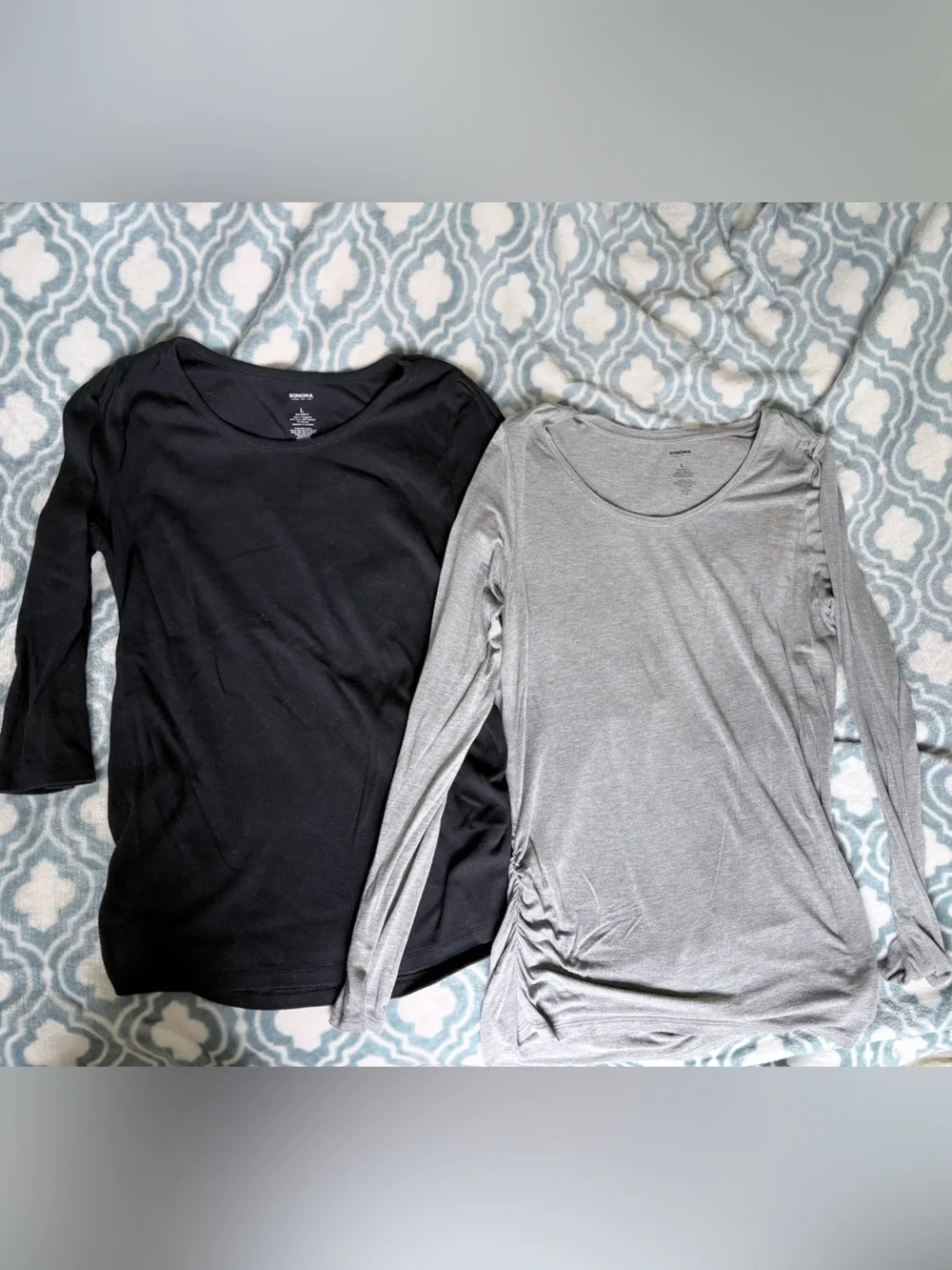 Sonoma 2 Long Sleeve Scoop Neck Maternity Tops — Black & Light Gray Size L